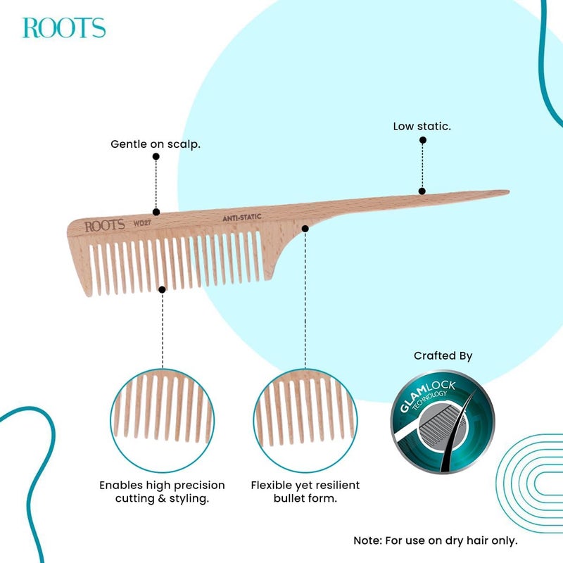 Roots Roots Wooden Dressing Combs Designed with Rat Tail Wide Teeth Wooden Comb Beech Wood Comfortable Use for men and Women Model No WD27 - Image 2
