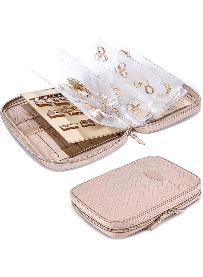 The Bros Jewelry Travel Organizer, Jewelry Case, Transparent Jewelry Storage, Book Ring Binder Jewelry Bags Clear Booklet Zipper Pouch Bag for Necklaces, Earrings, Rings, Bracelets (Pink)  - Image 1