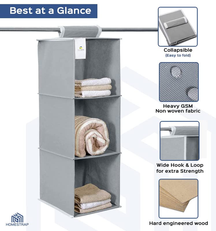 HomeStrap 3-Shelf Closet Hanging Organizer | Durable Non-Woven Fabric Storage Hanger with Engineered Wood | Stylish Wardrobe Storage Solution | Grey (Pack of 1) - Image 4