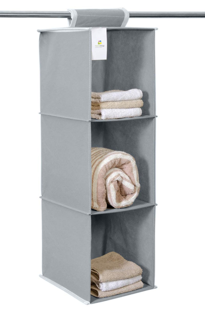 HomeStrap 3-Shelf Closet Hanging Organizer | Durable Non-Woven Fabric Storage Hanger with Engineered Wood | Stylish Wardrobe Storage Solution | Grey (Pack of 1) - Image 1
