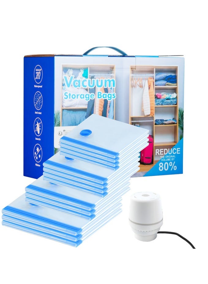 16 PACKS VACUUM STORAGE BAGS WITH ELECTRIC PUMP(4 JUMBO, 4 LARGE, 4 MEDIUM, 4 SMALL), 7 MICRON THICKNESS, VACUUM SEALER BAGS FOR CLOTHES, TRAVEL, BLUE COLOR GIFT BOX
