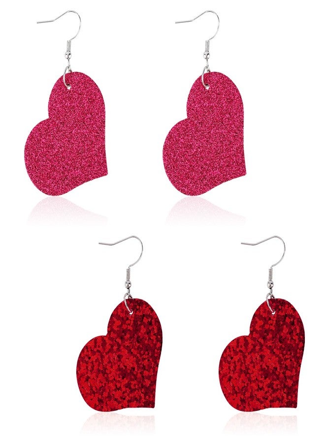 XIHIRCD 2 Pairs Valentine's Day Heart Earrings, Faux Leather Valentines Day Earrings Big Heart Dangle Earrings with Sparkle & Sequins Love Heart Drop Earrings for Valentine's Day Gift(Red Series) - Image 1