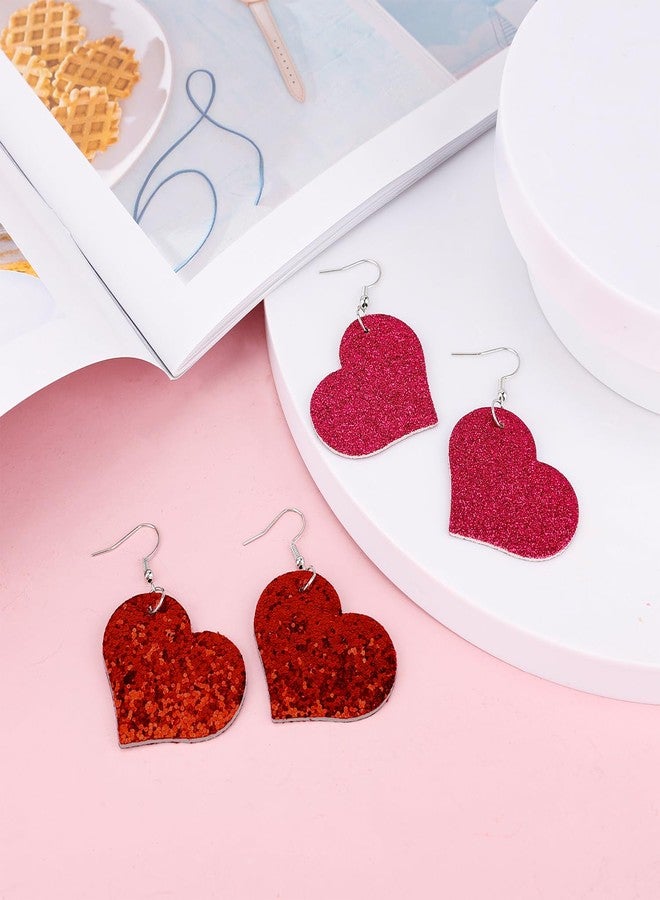 XIHIRCD 2 Pairs Valentine's Day Heart Earrings, Faux Leather Valentines Day Earrings Big Heart Dangle Earrings with Sparkle & Sequins Love Heart Drop Earrings for Valentine's Day Gift(Red Series) - Image 3