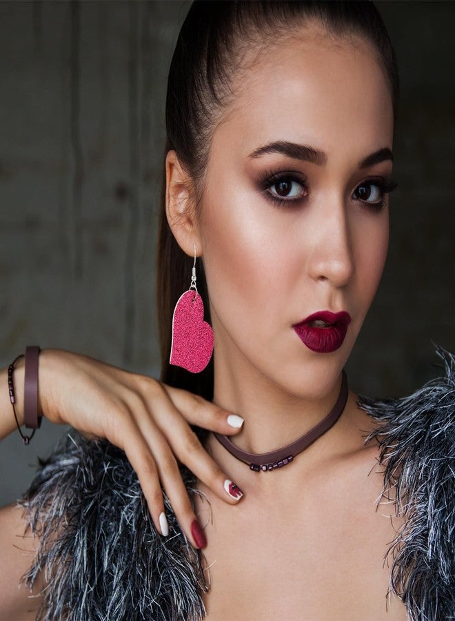 XIHIRCD 2 Pairs Valentine's Day Heart Earrings, Faux Leather Valentines Day Earrings Big Heart Dangle Earrings with Sparkle & Sequins Love Heart Drop Earrings for Valentine's Day Gift(Red Series) - Image 4