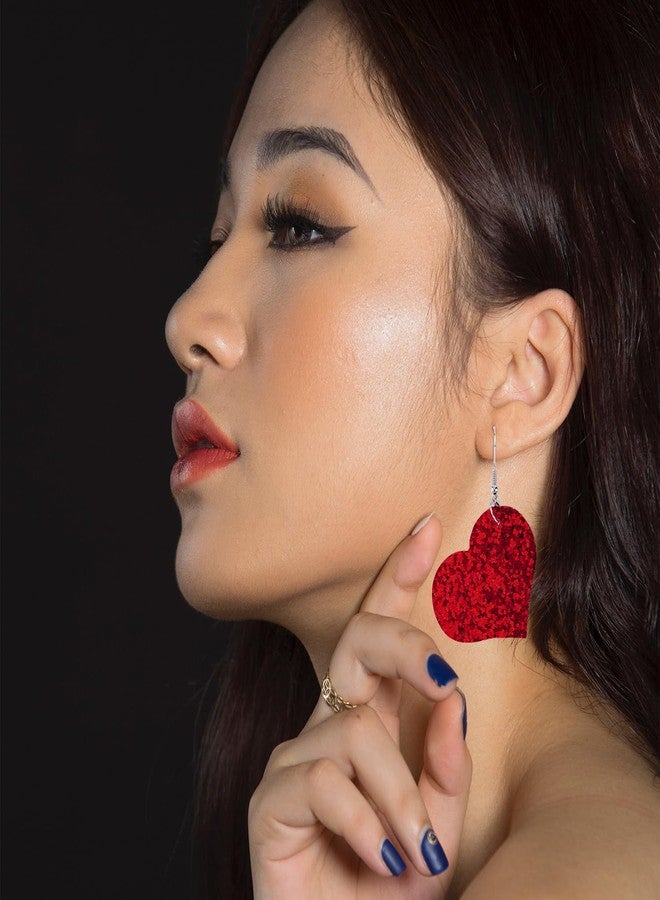 XIHIRCD 2 Pairs Valentine's Day Heart Earrings, Faux Leather Valentines Day Earrings Big Heart Dangle Earrings with Sparkle & Sequins Love Heart Drop Earrings for Valentine's Day Gift(Red Series) - Image 5
