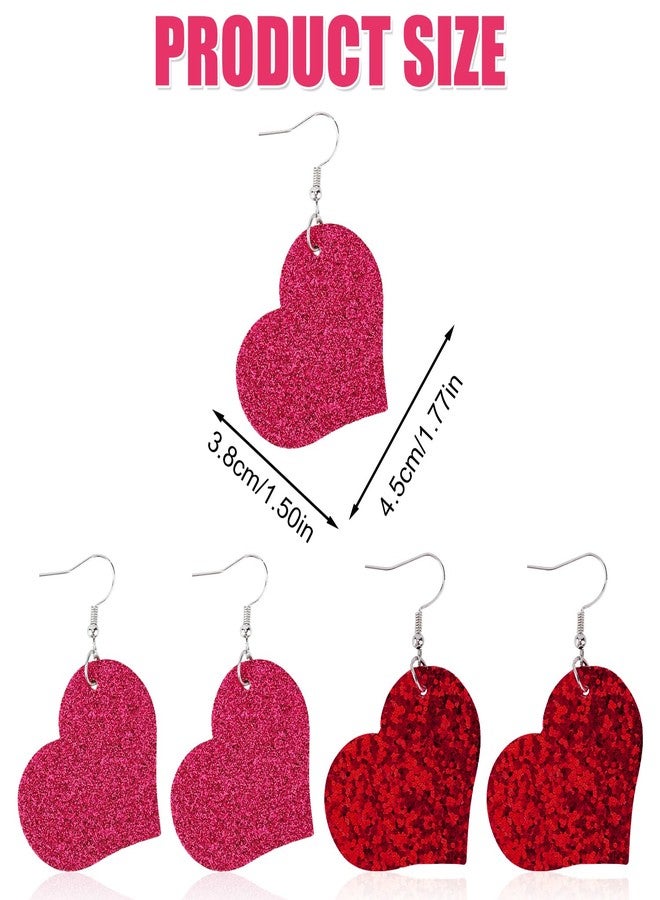 XIHIRCD 2 Pairs Valentine's Day Heart Earrings, Faux Leather Valentines Day Earrings Big Heart Dangle Earrings with Sparkle & Sequins Love Heart Drop Earrings for Valentine's Day Gift(Red Series) - Image 2