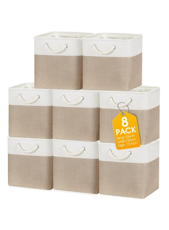 meekoo 8 Pack Collapsible Storage Bins Fabric Storage Bins Polyester Fabric Baskets with Handles Linen Closet Organizer for Shelf Home Closet Towels Toys(12 x 12 x 12 in,Beige) - Image 1