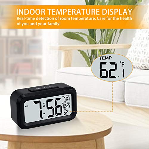 Poeroa Digital Alarm Clock,Battery Operated Small Desk Clocks,with Date,Indoor Temperature,Snooze Function, LCD Electronic Clock for Bedroom Home Office - Dark Black - Image 3