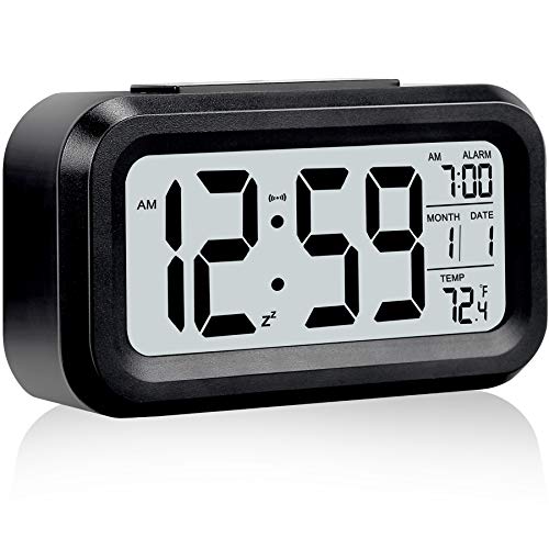 Poeroa Digital Alarm Clock,Battery Operated Small Desk Clocks,with Date,Indoor Temperature,Snooze Function, LCD Electronic Clock for Bedroom Home Office - Dark Black - Image 1