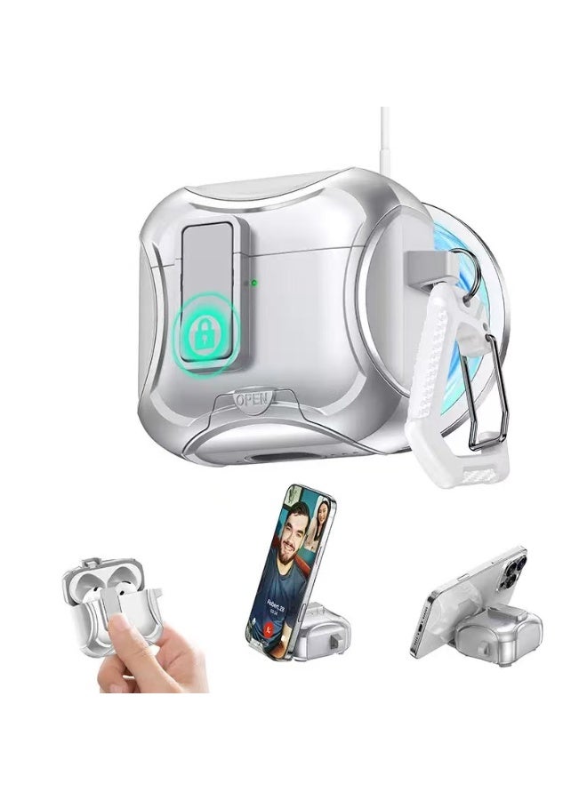 لحافظة AirPods Pro 3، تتميز بتصميم حامل مغناطيسي ووظيفة قفل مقاومة للسقوط. تدعم الحافظة الشحن اللاسلكي من خلالها وتأتي بمشبك معدني. اللون فضي. - Image 1