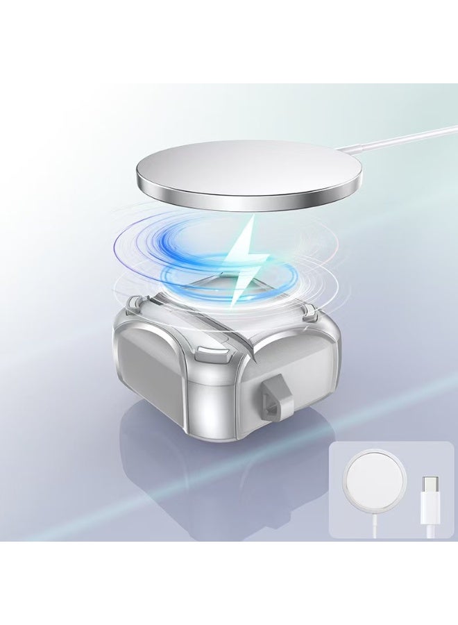 لحافظة AirPods Pro 3، تتميز بتصميم حامل مغناطيسي ووظيفة قفل مقاومة للسقوط. تدعم الحافظة الشحن اللاسلكي من خلالها وتأتي بمشبك معدني. اللون فضي. - Image 2