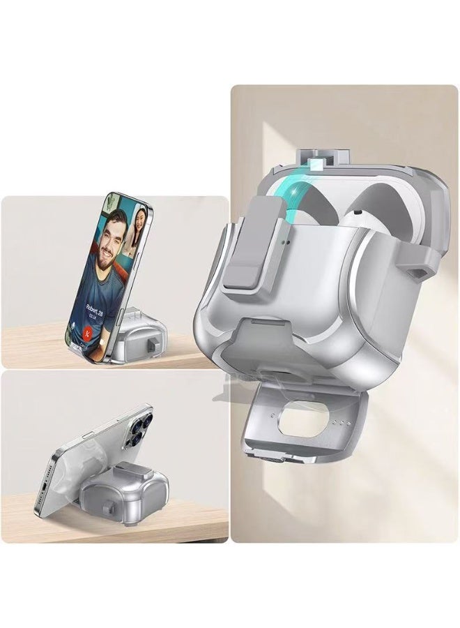 لحافظة AirPods Pro 3، تتميز بتصميم حامل مغناطيسي ووظيفة قفل مقاومة للسقوط. تدعم الحافظة الشحن اللاسلكي من خلالها وتأتي بمشبك معدني. اللون فضي. - Image 3