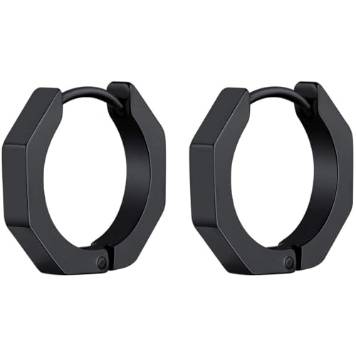 Black Stainless Steel Stud Hoop Earrings for Mens Women Punk Geometric Octagon Huggy Hoop Earrings