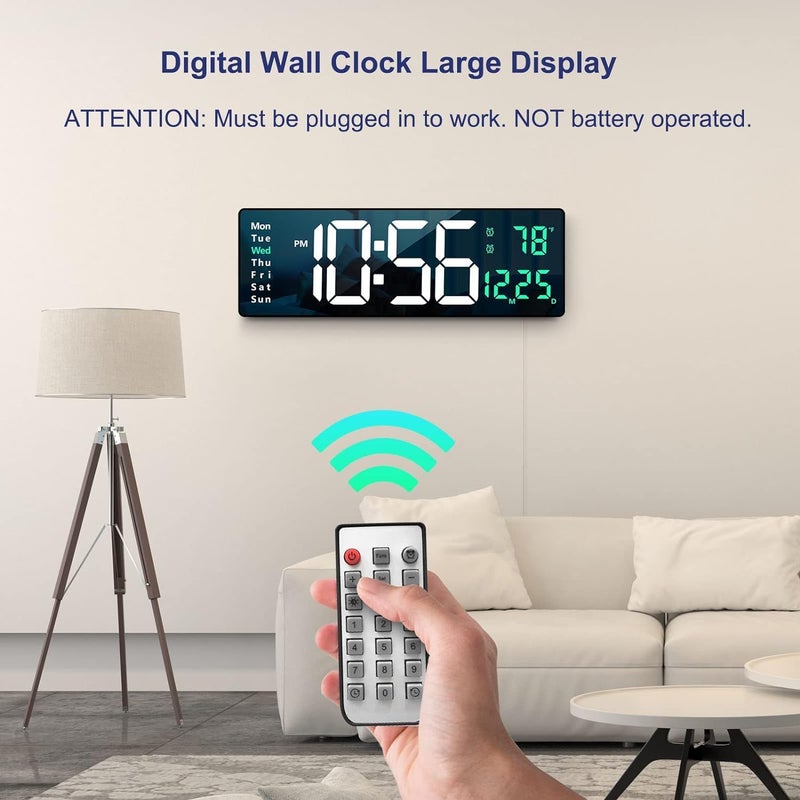 BLEQYS Digital Wall Clock Large Display Wall Clocks Modern LED Digital Clock with Remote Control for Living Room Decor Clock with Date Week Temperature Green - Image 2