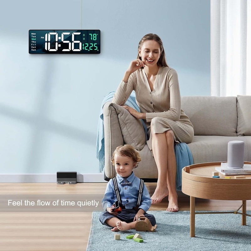 BLEQYS Digital Wall Clock Large Display Wall Clocks Modern LED Digital Clock with Remote Control for Living Room Decor Clock with Date Week Temperature Green - Image 4
