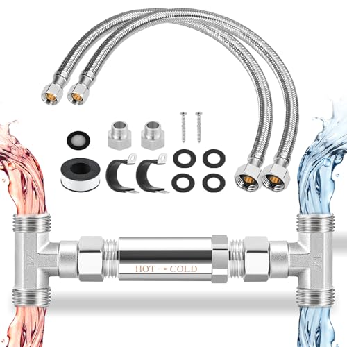 Hanchen Replacement 304 Stainless Steel Bypass Valve Kit for Instant Hot Water Recirculation System Includes Valve 2 x 20 in PEX Supply Lines for Potable Water Adapters Teflon Tape - Image 1
