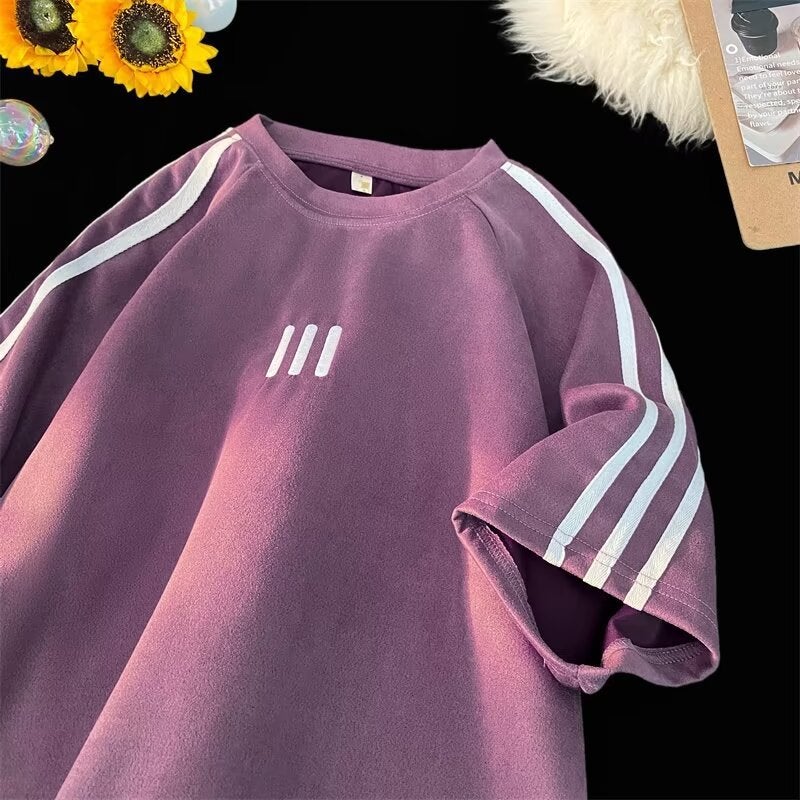 American Style Heavy Short-Sleeved T-Shirt Men'S 2024 Suede Simple Loose Round Neck Half Sleeve For Teenagers - Image 1