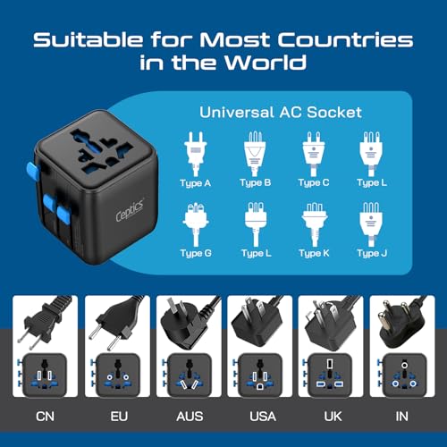 Ceptics شاحن محول عالمي 2 في 1 من Ceptics، محول سفر عالمي الكل في واحد مع إخراج طاقة عالي 2500W، محول دولي للهواتف والأجهزة اللوحية، متوافق في أكثر من 150 دولة - Image 5
