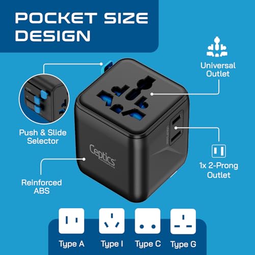 Ceptics شاحن محول عالمي 2 في 1 من Ceptics، محول سفر عالمي الكل في واحد مع إخراج طاقة عالي 2500W، محول دولي للهواتف والأجهزة اللوحية، متوافق في أكثر من 150 دولة - Image 3