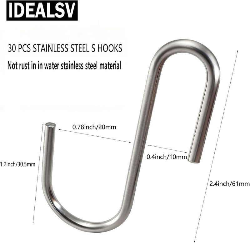 IDEALSV Stainless Steel S Hooks 30 Pcs Heavy Duty S Shaped Hooks Hanging Pan Pot Holder 2.4 Inch - Image 2