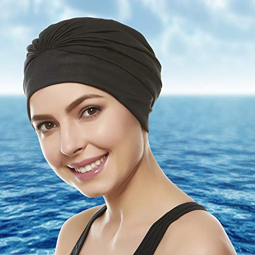 Beemo Swim Caps for Women Swimming Turban Polyester Latex Lined Pleated for Ladies - Black - Image 4