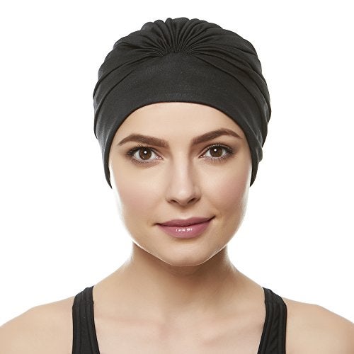 Beemo Swim Caps for Women Swimming Turban Polyester Latex Lined Pleated for Ladies - Black - Image 2
