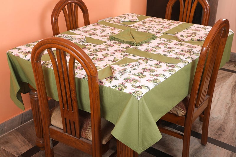 Dekor World Floral Printed Green Table Cover with Place Mat & Napkin (Pack of 13) - Image 1