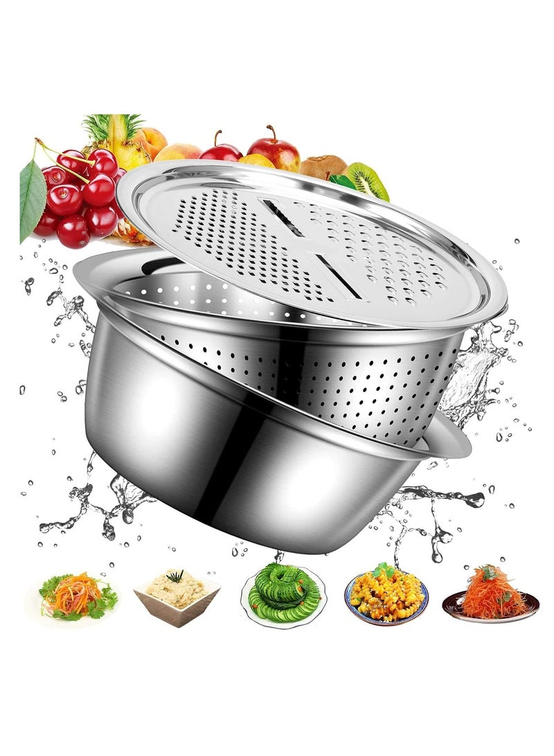YelaJoy Multifunctional Stainless Steel Drain Basket, Multi-purpose Vegetable Slicer Graters For Kitchen, 3 In 1 Graters, Cheese Grater, Salad Maker, Bowl Drain Basin Ginger Grater Basket Vegetable Cutter  - Image 4