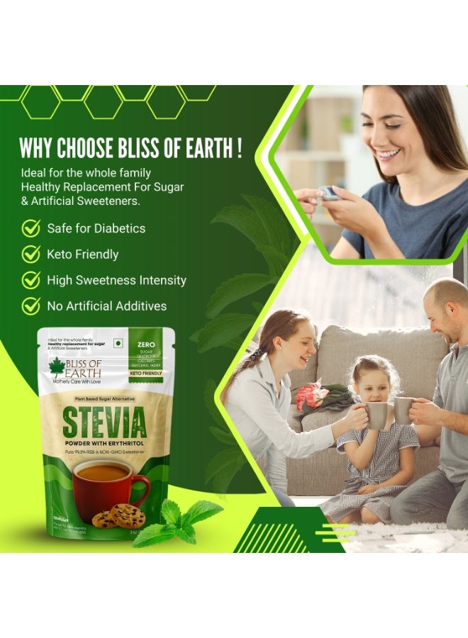 BLISS OF EARTH Stevia Powder With Erythritol | Zero Calorie Natural Sugar Substitute for Tea, Coffee, Keto, Paleo & Diabetic Friendly | Diet Sugar Pack of 2 – each 100g - Image 5