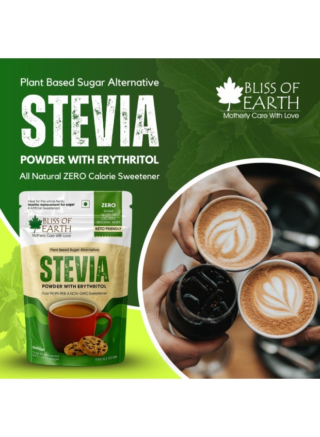 BLISS OF EARTH Stevia Powder With Erythritol | Zero Calorie Natural Sugar Substitute for Tea, Coffee, Keto, Paleo & Diabetic Friendly | Diet Sugar Pack of 2 – each 100g - Image 2