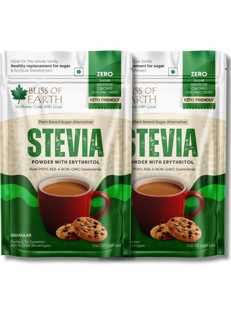 BLISS OF EARTH Stevia Powder With Erythritol | Zero Calorie Natural Sugar Substitute for Tea, Coffee, Keto, Paleo & Diabetic Friendly | Diet Sugar Pack of 2 – each 100g - Image 1