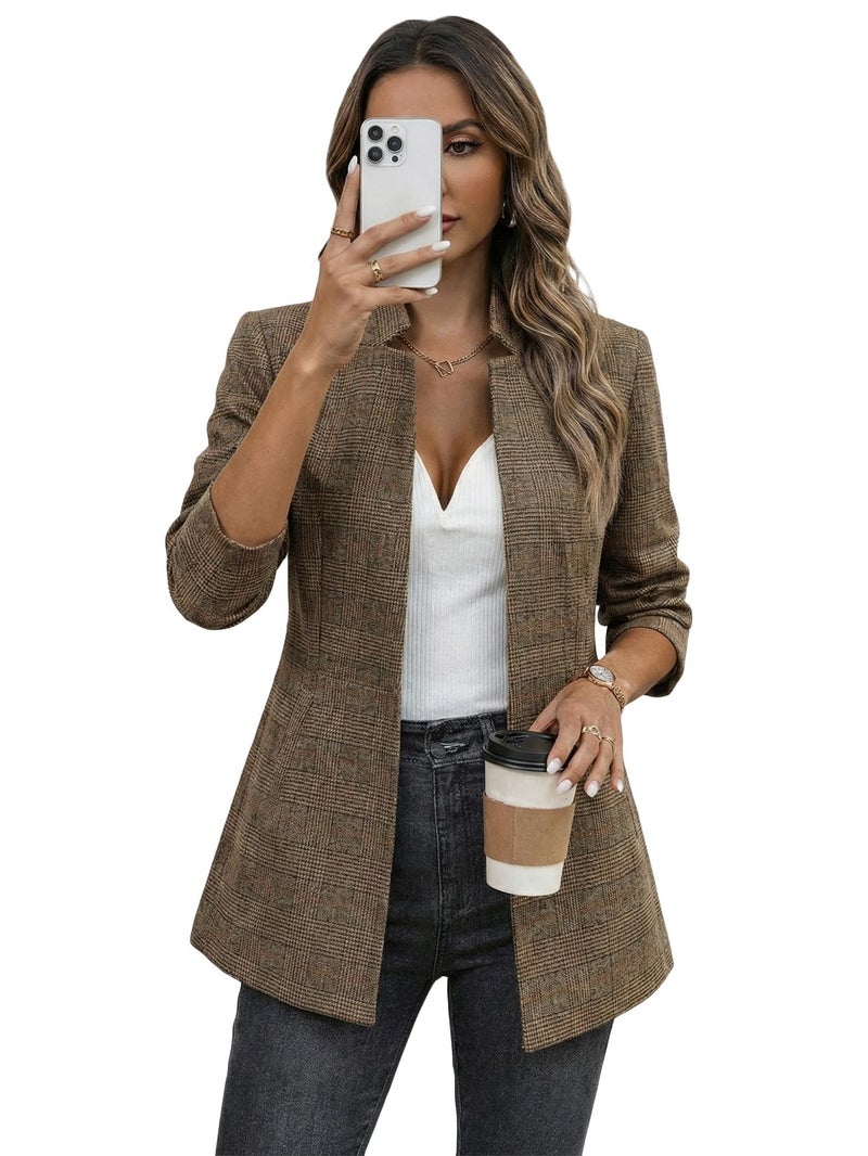 Mina Self Plaid Blazer Jackets for Women 2025 Fall Winter Clothing Women's Khaki Houndstooth Ladies Fitted Suit Lightweight Business Womens Blazers for Work Professional - Image 2