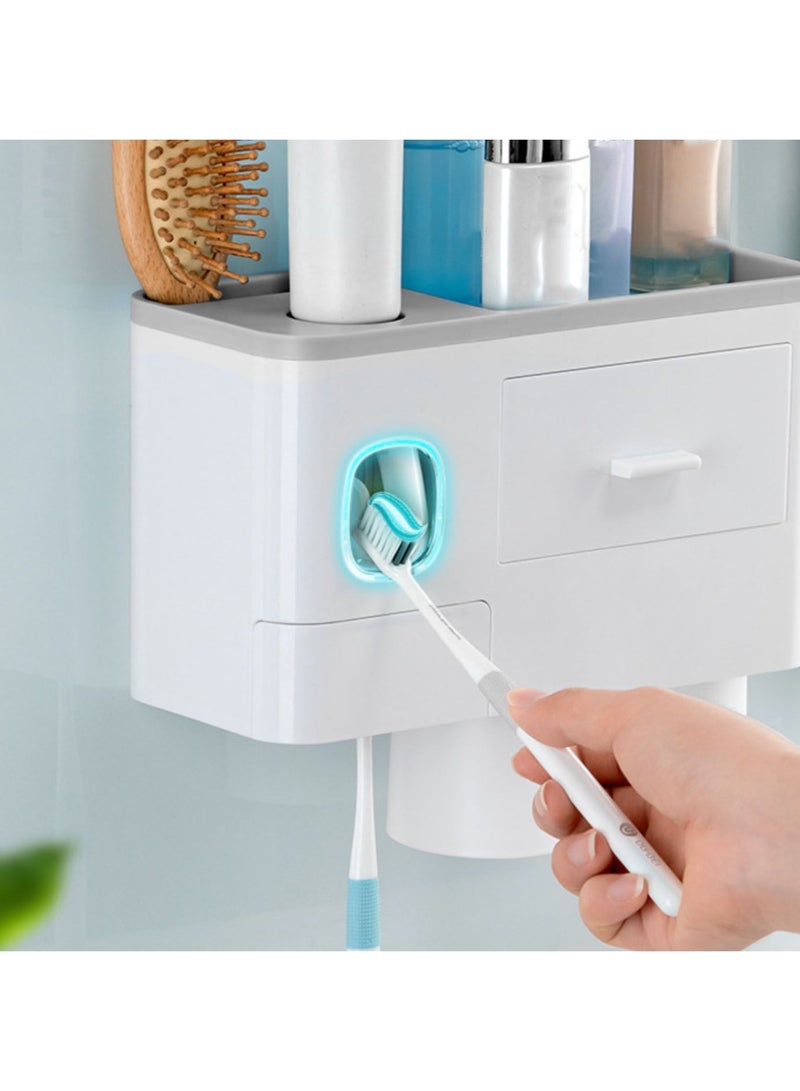 رف تخزين فرشاة الأسنان مع صندوق تخزين مستحضرات التجميل الأوتوماتيكي لموزع معجون الأسنان للاستخدام في الحمام والمرحاض لتوفير المساحة - Image 5