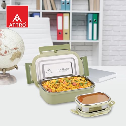 ATTRO Stainless Steel Hot Buddy Insulated Lunch Box with 1 Small Container Airtight Spill-Proof BPA Free Food Grade Ideal for Office, School, Picnic- Green-800ml+170ml - Image 2