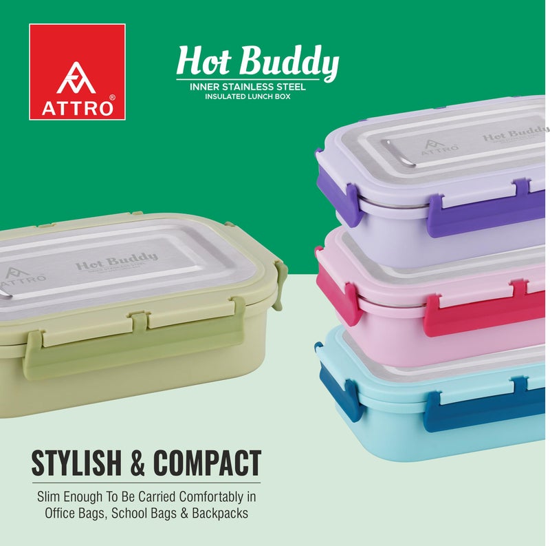ATTRO Stainless Steel Hot Buddy Insulated Lunch Box with 1 Small Container Airtight Spill-Proof BPA Free Food Grade Ideal for Office, School, Picnic- Green-800ml+170ml - Image 4