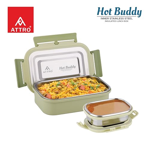 ATTRO Stainless Steel Hot Buddy Insulated Lunch Box with 1 Small Container Airtight Spill-Proof BPA Free Food Grade Ideal for Office, School, Picnic- Green-800ml+170ml - Image 5