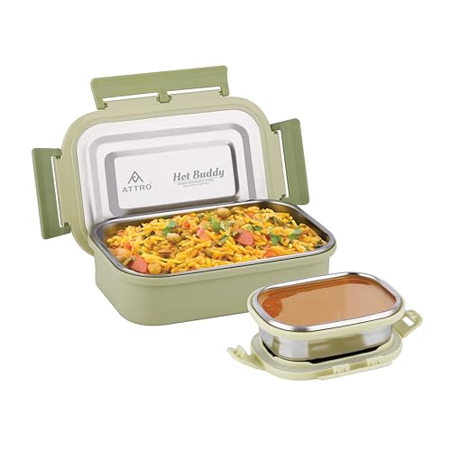 ATTRO Stainless Steel Hot Buddy Insulated Lunch Box with 1 Small Container Airtight Spill-Proof BPA Free Food Grade Ideal for Office, School, Picnic- Green-800ml+170ml - Image 1