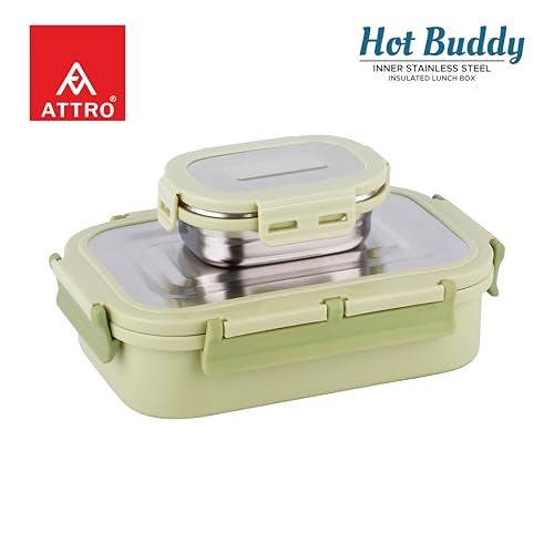 ATTRO Stainless Steel Hot Buddy Insulated Lunch Box with 1 Small Container Airtight Spill-Proof BPA Free Food Grade Ideal for Office, School, Picnic- Green-800ml+170ml - Image 3