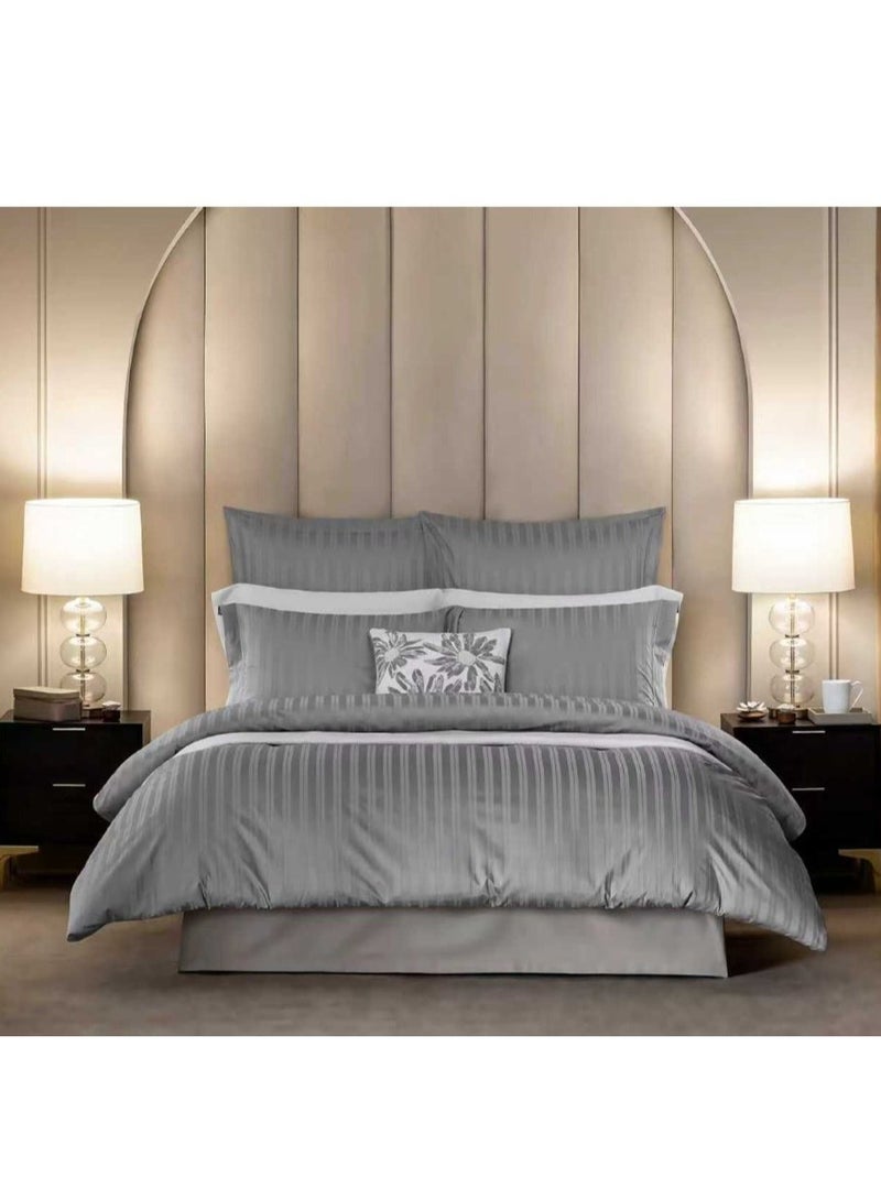 طقم غطاء لحاف قطني فاخر من إم إس مارت، مقاس كينج (6 قطع) - تصميم مخطط مزدوج باللون الرمادي الفضي - Image 2