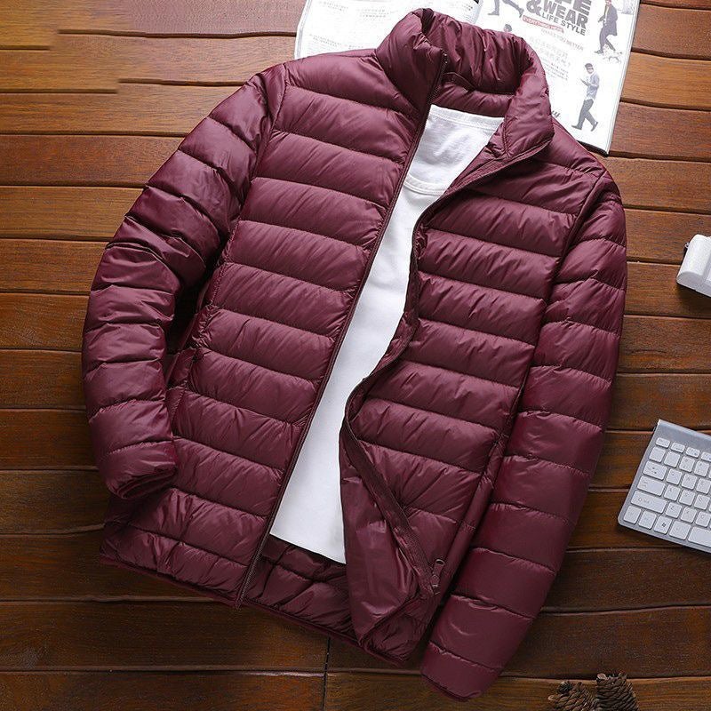 Brand Handle Autumn and Winter Light Down Cotton-padded Jacket Mens Short Vertical Collar Hooded Middle-aged and Elderly Light Thin Broken Coat F88 wine red stand collar