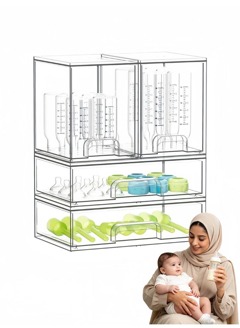LBMT Baby Bottle Storage Organizer, 4 Pack Clear Stackable Storage Drawers Set for Baby Bottle, Clear Station Organizers Container for Pacifiers, Pump Parts, Beauty Supplies Storage,Ideal for Countertop, Vanity, Bathroom, Cabinet, Pantry Organization - Image 1