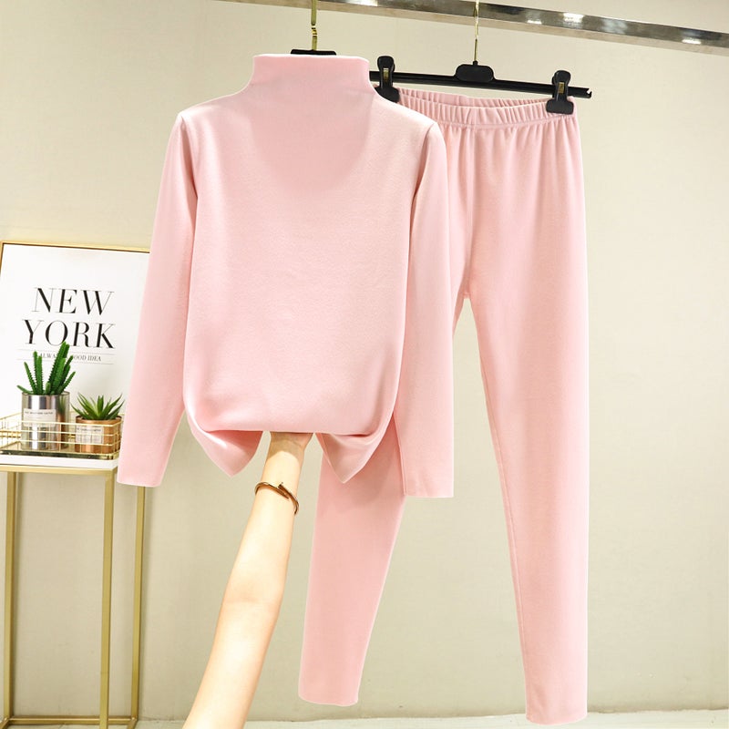High collar winter thermal underwear womens seamless bottoming shirt autumn clothes long pants slim fit de Velvet thermal underwear suit Light khaki  - Image 2