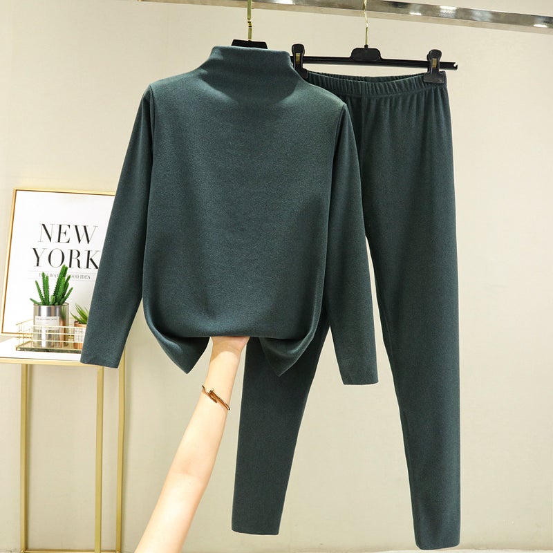 High collar winter thermal underwear womens seamless bottoming shirt autumn clothes long pants slim fit de Velvet thermal underwear suit Light khaki  - Image 3