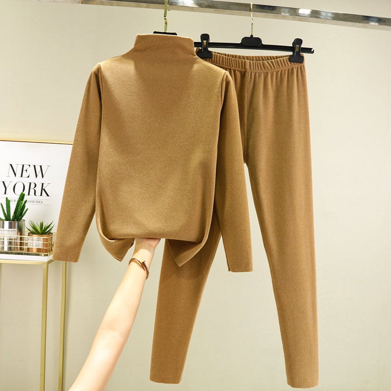 High collar winter thermal underwear womens seamless bottoming shirt autumn clothes long pants slim fit de Velvet thermal underwear suit Light khaki  - Image 1
