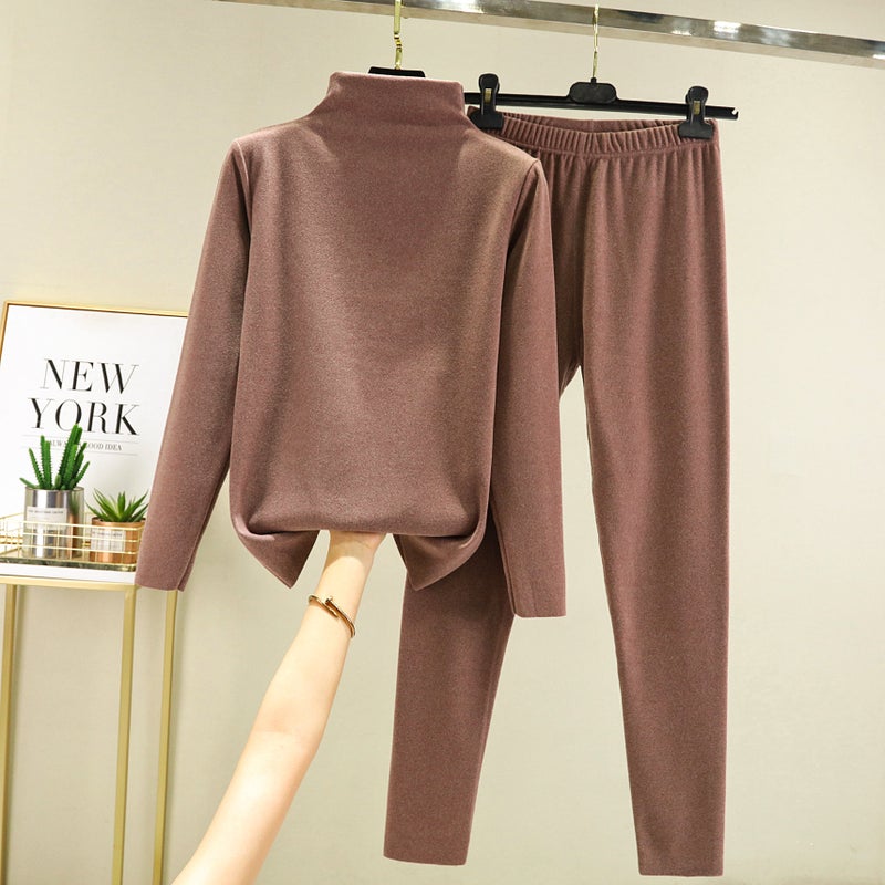 High collar winter thermal underwear womens seamless bottoming shirt autumn clothes long pants slim fit de Velvet thermal underwear suit Light khaki  - Image 5
