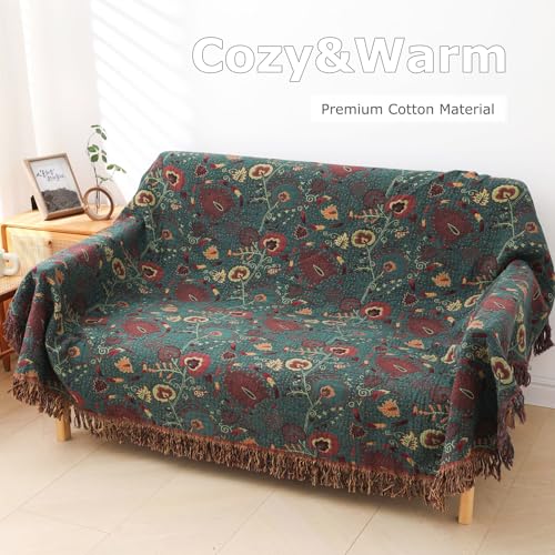 LUTBM Boho Throw Blanket for Bed 100% Cotton Ultra Soft Rustic Quilt Farmhouse Decor Bed Fall Blanket,All Season Rustic Throw for Sofa Couch Chair (Flower-Dark Green, 60"×80") - Image 4