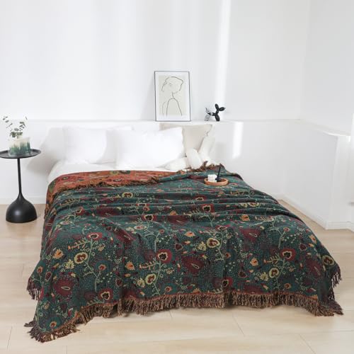 LUTBM Boho Throw Blanket for Bed 100% Cotton Ultra Soft Rustic Quilt Farmhouse Decor Bed Fall Blanket,All Season Rustic Throw for Sofa Couch Chair (Flower-Dark Green, 60"×80") - Image 2