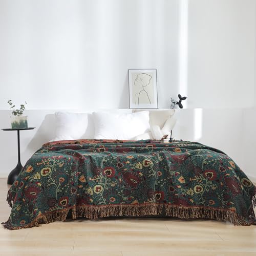 LUTBM Boho Throw Blanket for Bed 100% Cotton Ultra Soft Rustic Quilt Farmhouse Decor Bed Fall Blanket,All Season Rustic Throw for Sofa Couch Chair (Flower-Dark Green, 60"×80") - Image 5