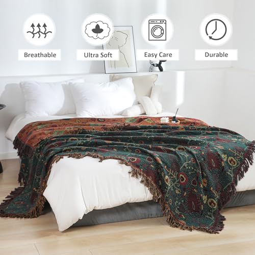 LUTBM Boho Throw Blanket for Bed 100% Cotton Ultra Soft Rustic Quilt Farmhouse Decor Bed Fall Blanket,All Season Rustic Throw for Sofa Couch Chair (Flower-Dark Green, 60"×80") - Image 3