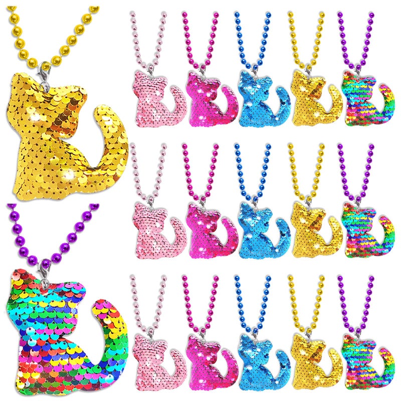 CiciBear 15 Pack Kitty Sequin Necklace Party Favors with Mardi Gras Beads for Cat Themed Party Favors Home Decorations Festivals Wedding Birthday Celebrations 5 Colors - Image 3
